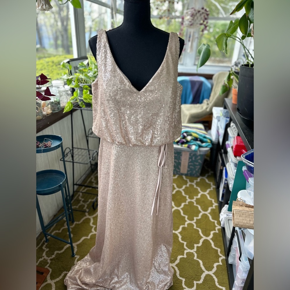 Full sequined, floor length, boning in place bridesmaid dress worn once
